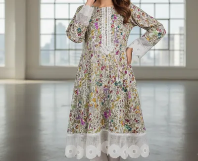 Elegant Floral Printed Lawn 3-Piece Suit with Intricate White Crochet Lace Detailing