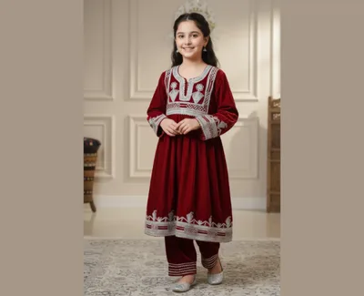 Girls' Traditional Red Velvet Embroidered Frock & Trouser Set (Size 38)