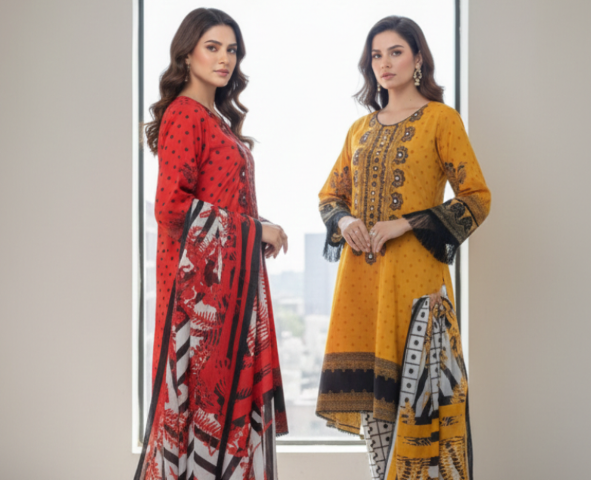Premium 3-Piece Lawn Suit with Mirror Work Embroidery – Polka Dot Print & Tassel Sleeves