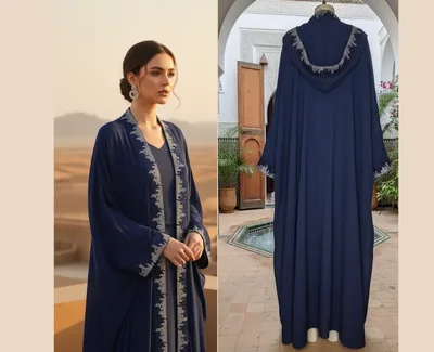 Midnight Blue Butterfly Kaftan Abaya – Elegant 2-Piece Set with Silver Crystal Embellishments