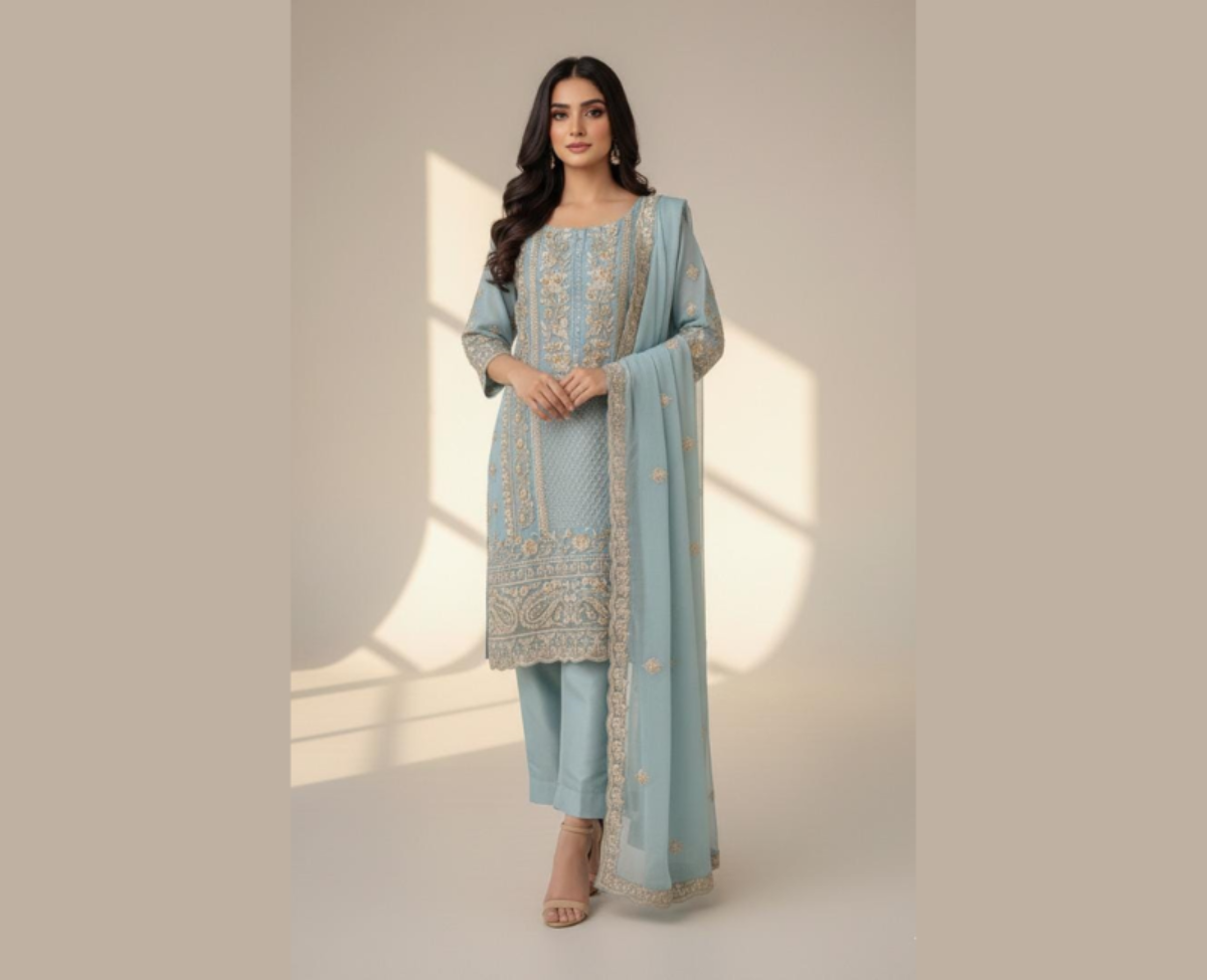 Luxurious Powder Blue Embroidered Organza Kurti – Heavy Zari & Pearl Work - Size M
