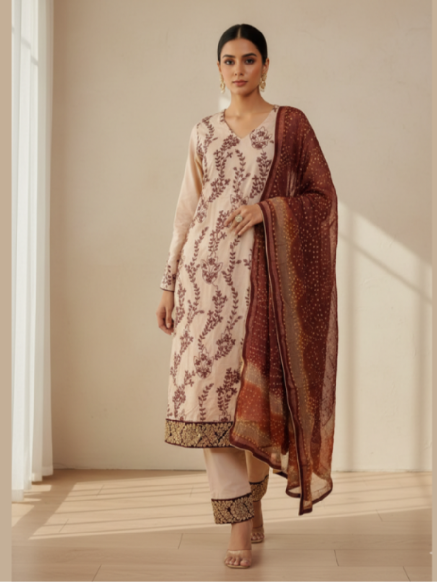 Luxury 3-Piece Cream Silk Suit - Maroon Floral Embroidery & Velvet Gota Work Hem - Traditional Bandhani Dupatta Outfit