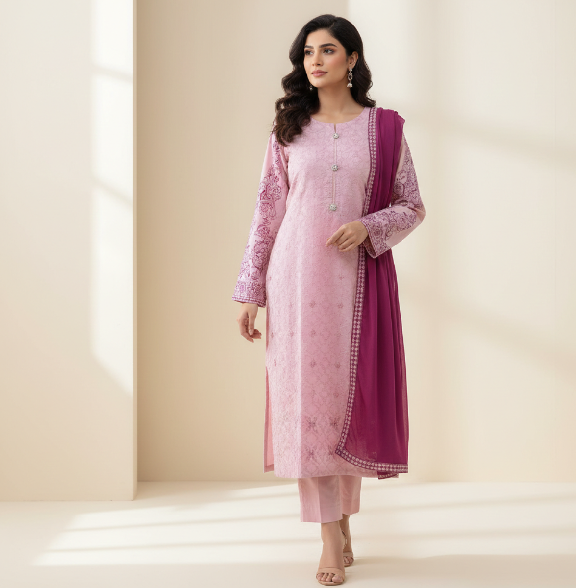 Hand-Embroidered Pink Chikankari 3-Piece Suit with Magenta Accents & Floral Sleeves