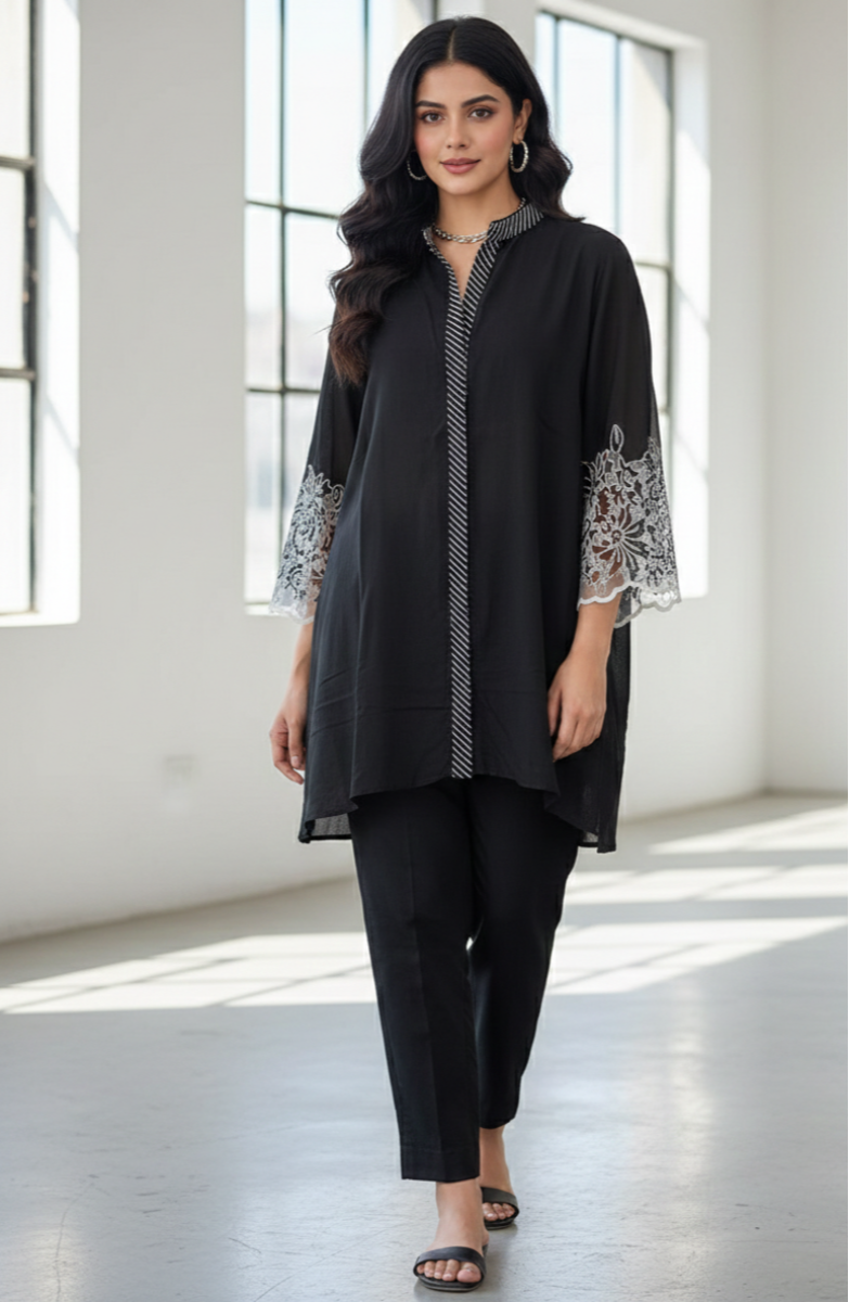 Women's Black Semi-Formal Tunic with Intricate Lace Sleeves and Striped Mandarin Collar
