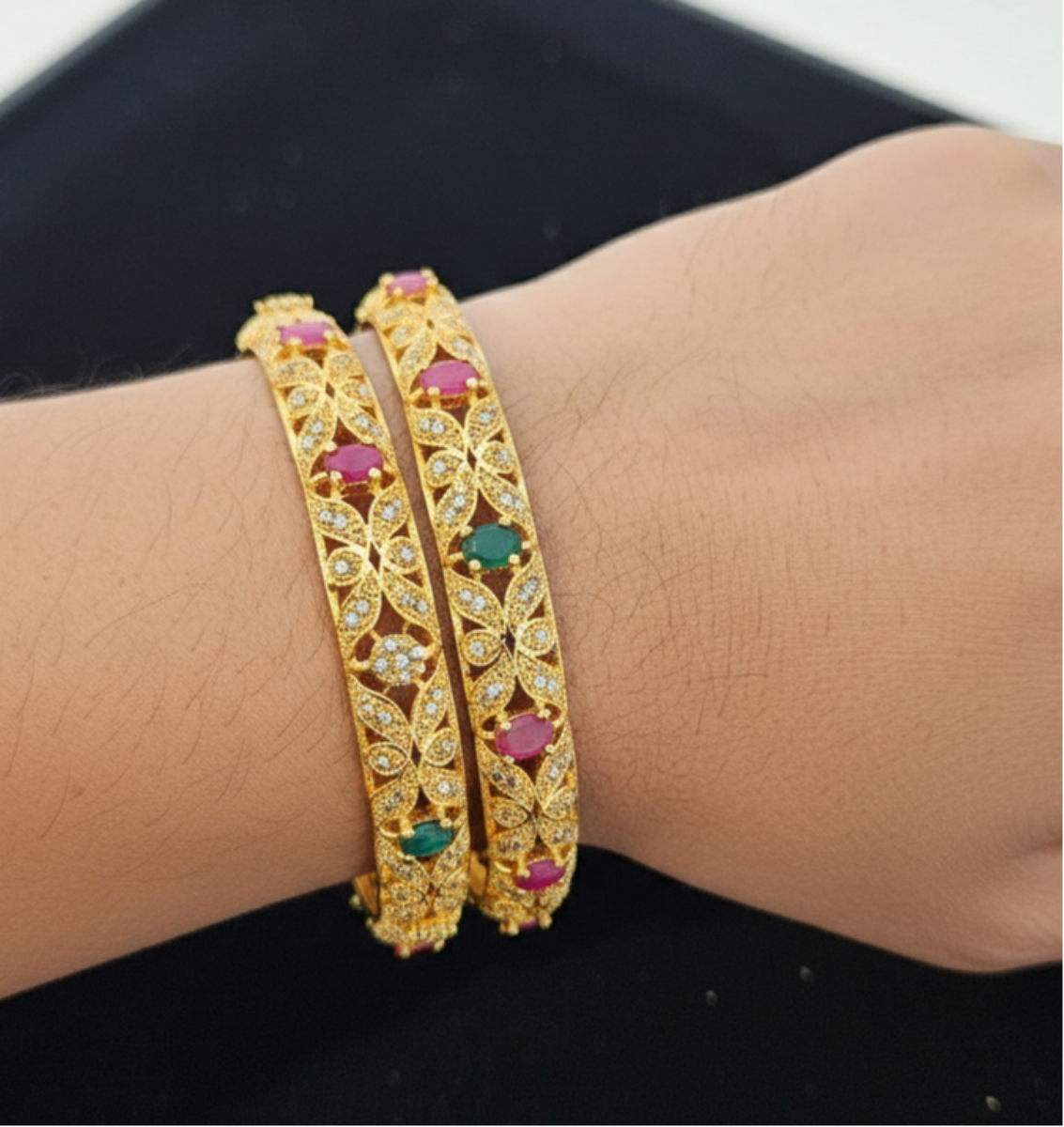 Gold-Plated Filigree Bangles with Ruby and Emerald Accents - Handcrafted Floral Jewelry Pair