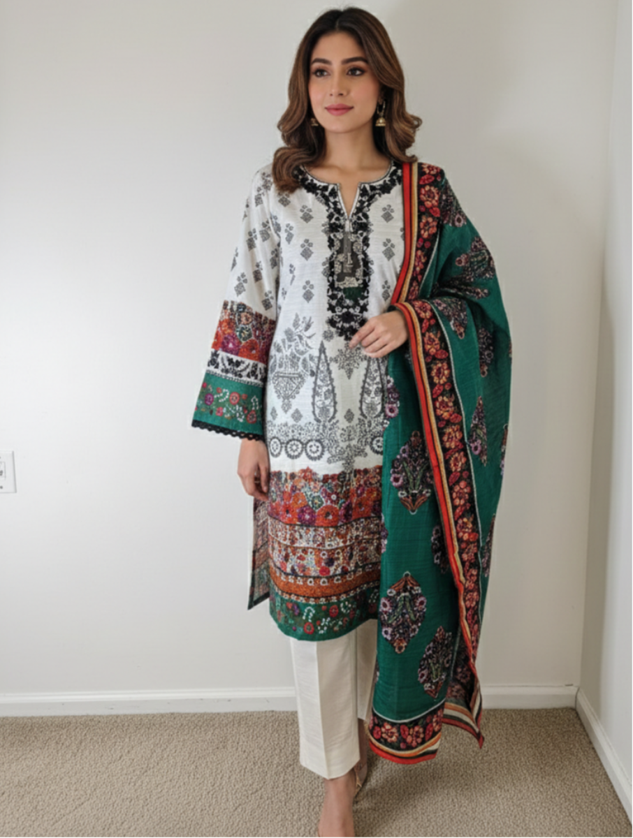 J. Junaid Jamshed Women's Printed 3-Piece Lawn Suit - Elegant White & Emerald Green - Size Medium