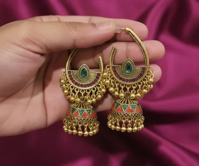 Multicolor Traditional Gold Jhumka Earrings with Red Stone & Beaded Dome