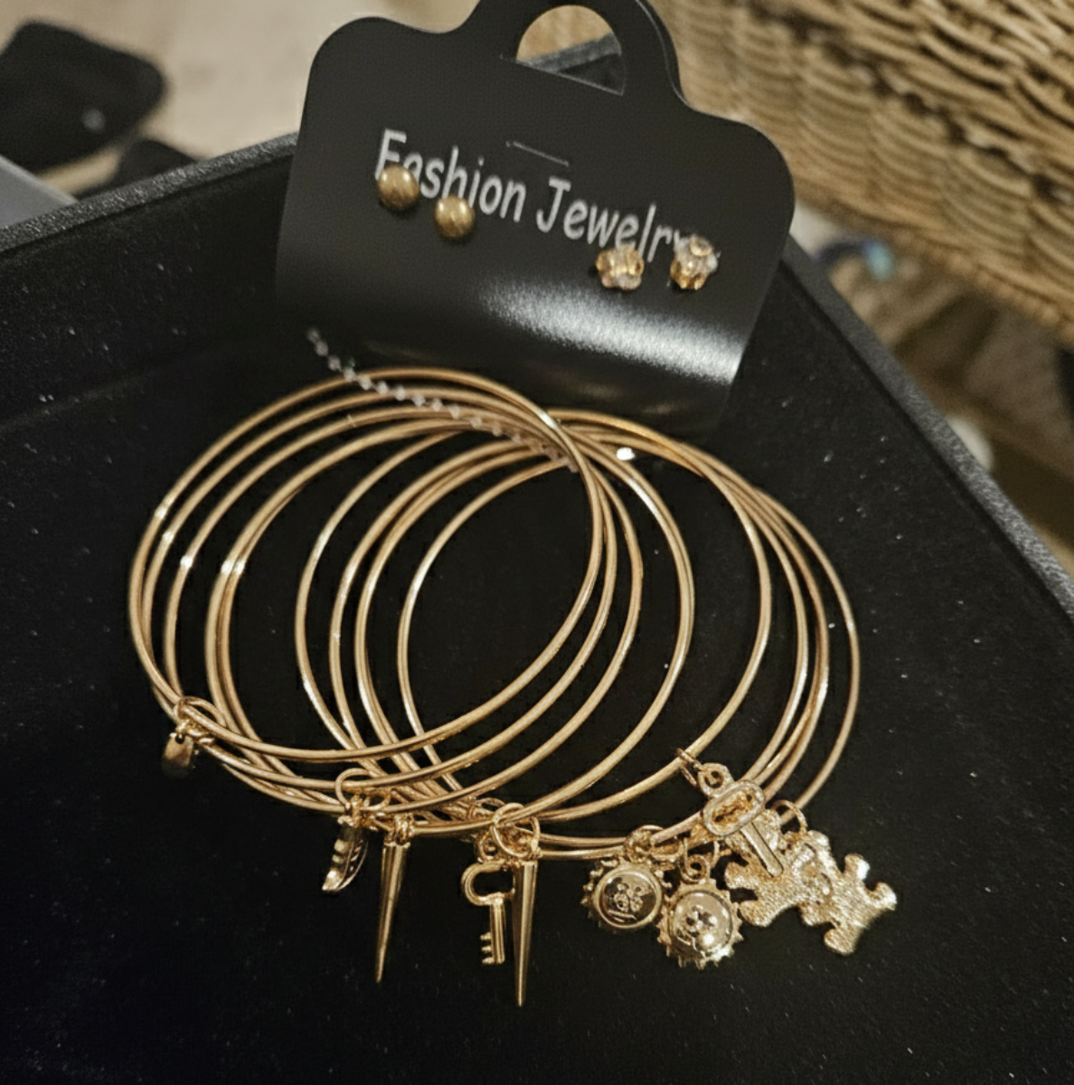 6-Piece Gold-Tone Charm Bangle Bracelet & Crystal Stud Earring Set – Boho Fashion Jewelry