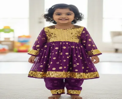 Toddler Girls' Royal Purple & Gold Sequin Embroidered Anarkali Set – 2 Piece Festive Ethnic Wear
