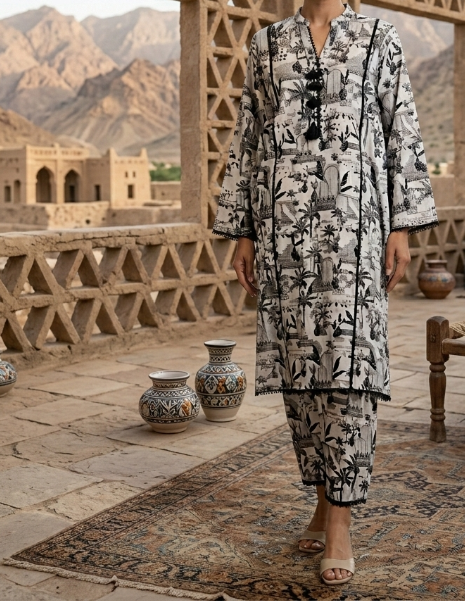 Monochrome Mirage: 2pc Digital Printed Cambric Suit