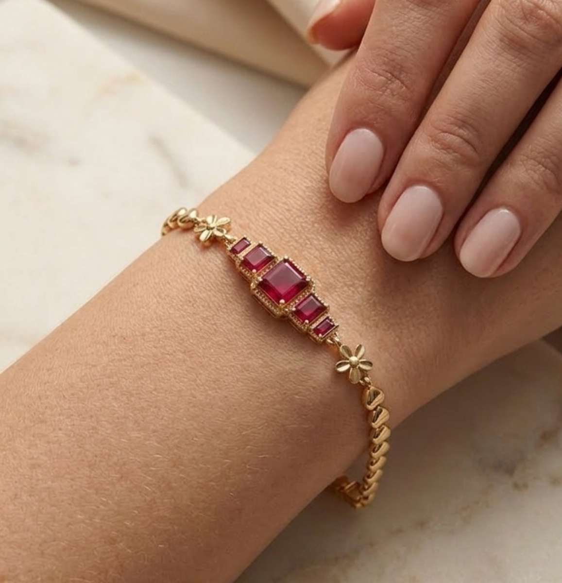 Ruby Heart & Gold Filigree Bracelet