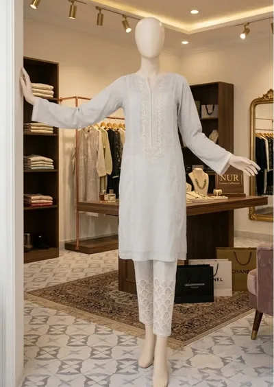 Elegant White Lace Embroidered Kurta Set