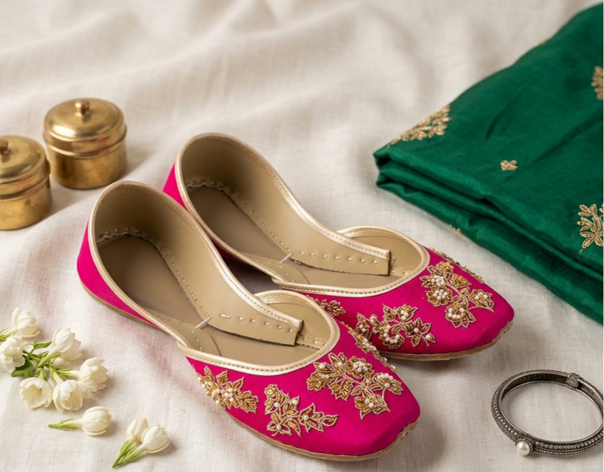 Handcrafted Fuchsia Pink Mojari – Gold Zardosi Embroidery Ethnic Flats