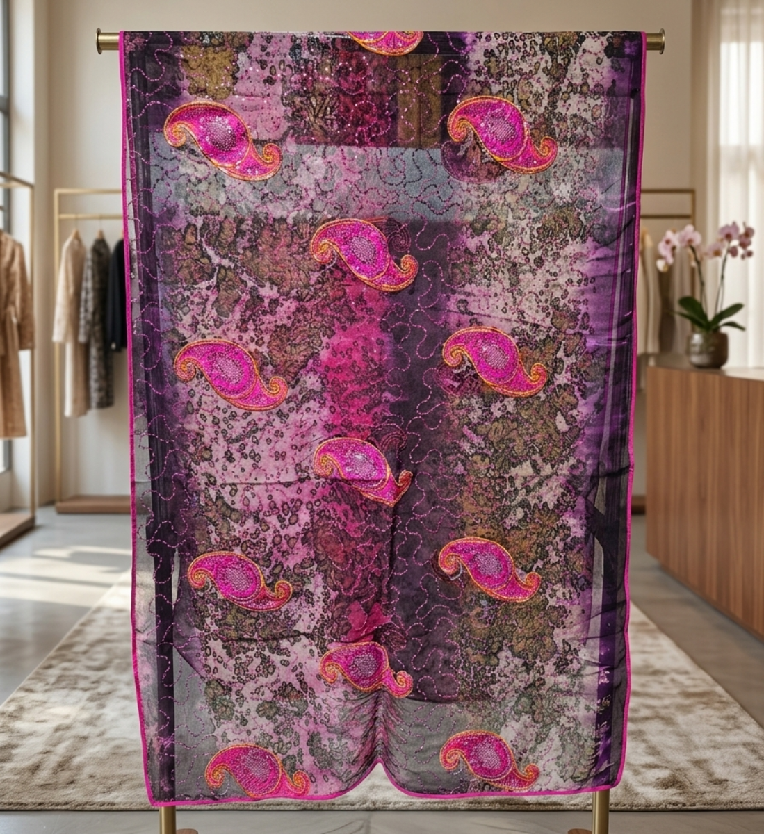 Royal Plum Paisley Sheer Dupatta – Exquisite Sequin Embroidery