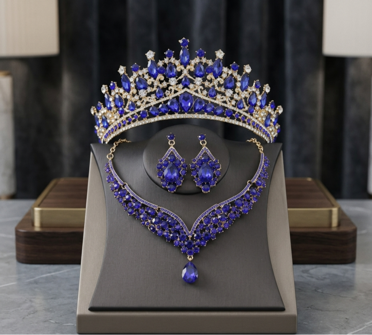Vintage Royal Blue Crystal Jewelry Set | 3-Piece Wedding Crown & Necklace