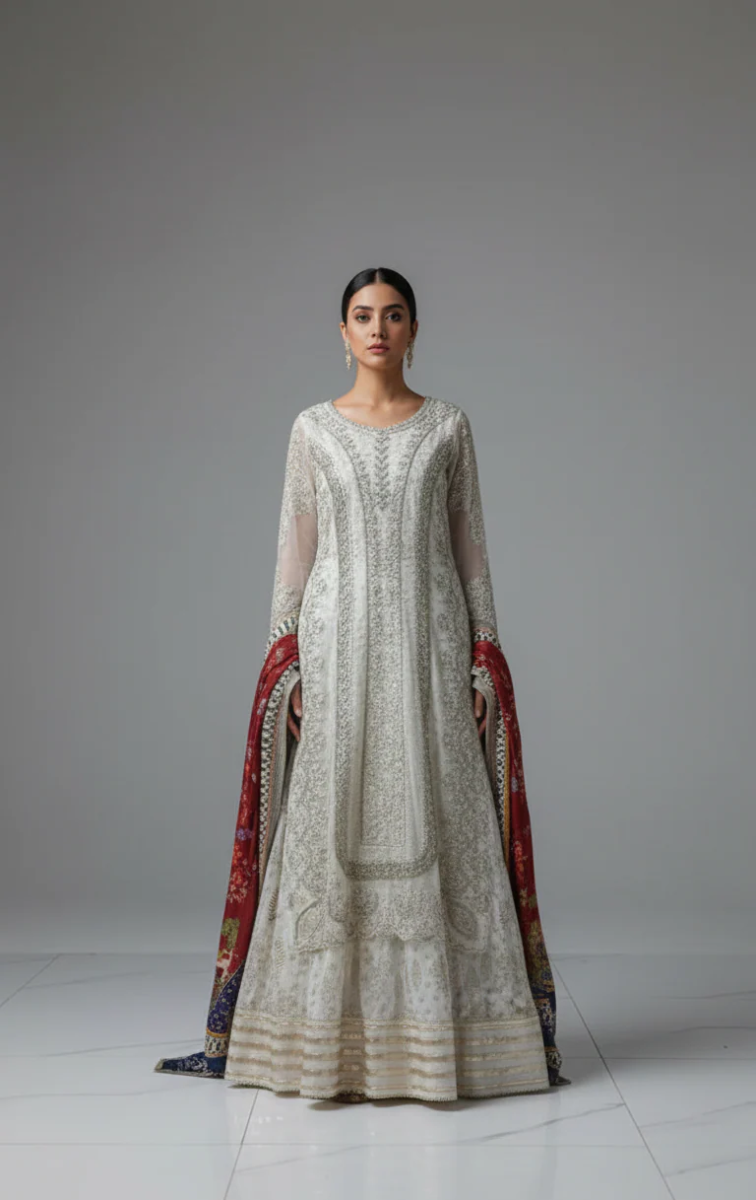 Elegant White Embroidered Party Wear Dress for Women