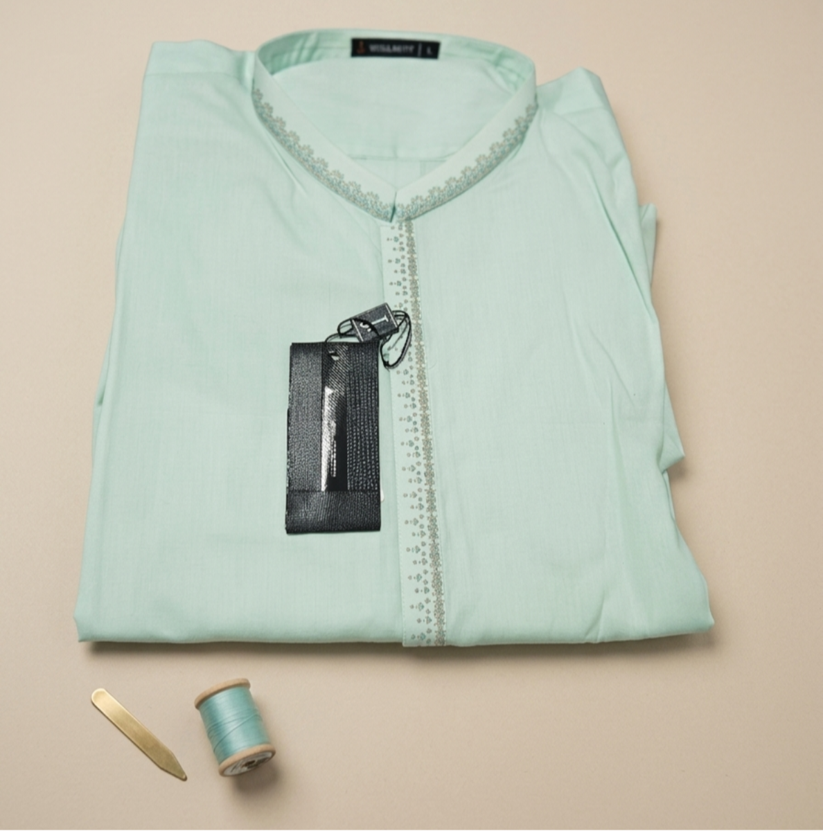 Mint Elegance: Premium Embroidered Cotton Kurta