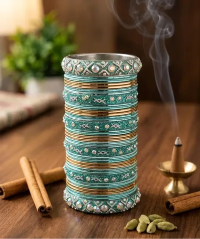 Mint & Gold Bridal Chura | Traditional Stone Bangle Set (Size 2.25)