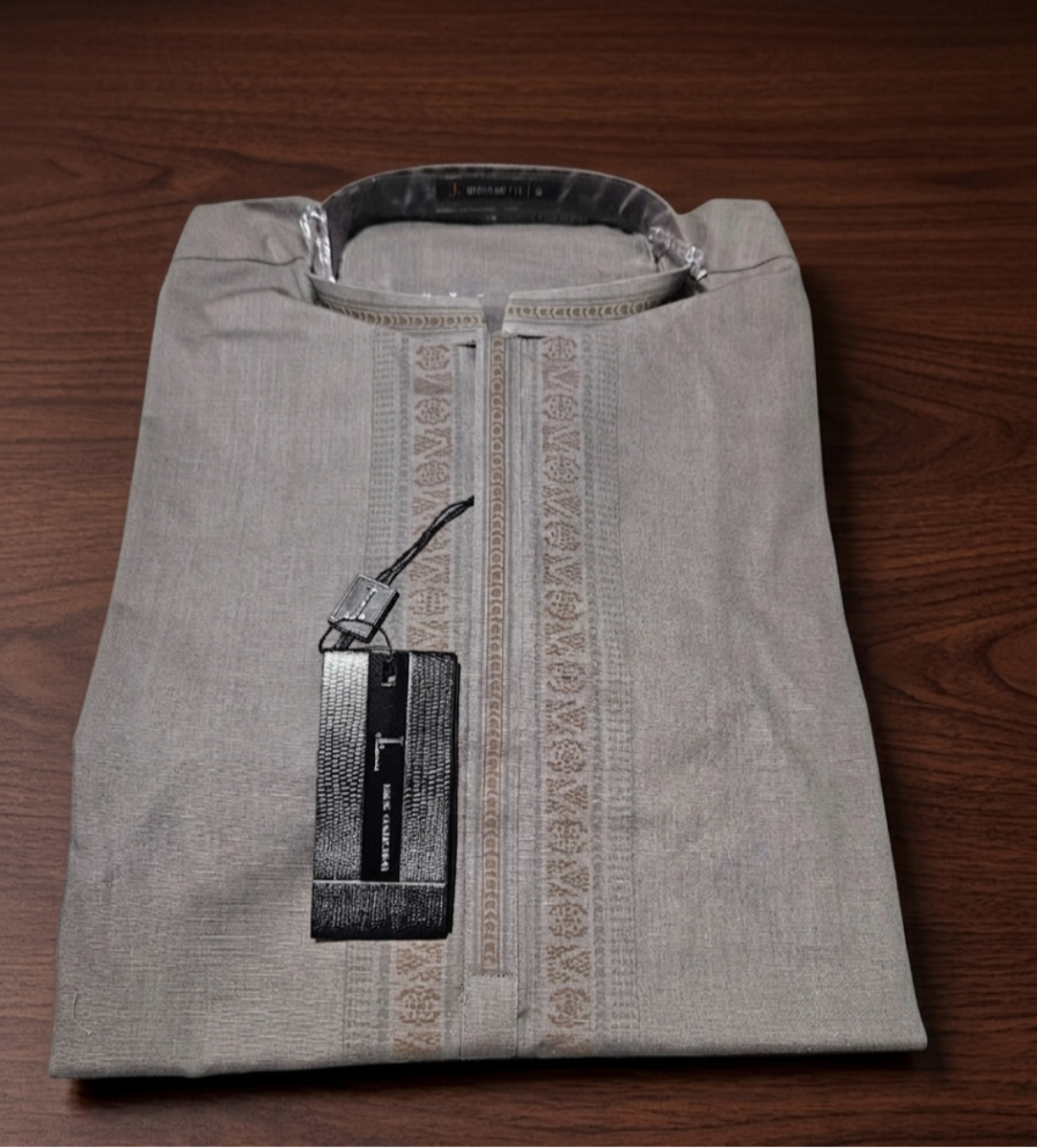 J. Men’s Embroidered Grey Kurta (Regular Fit)