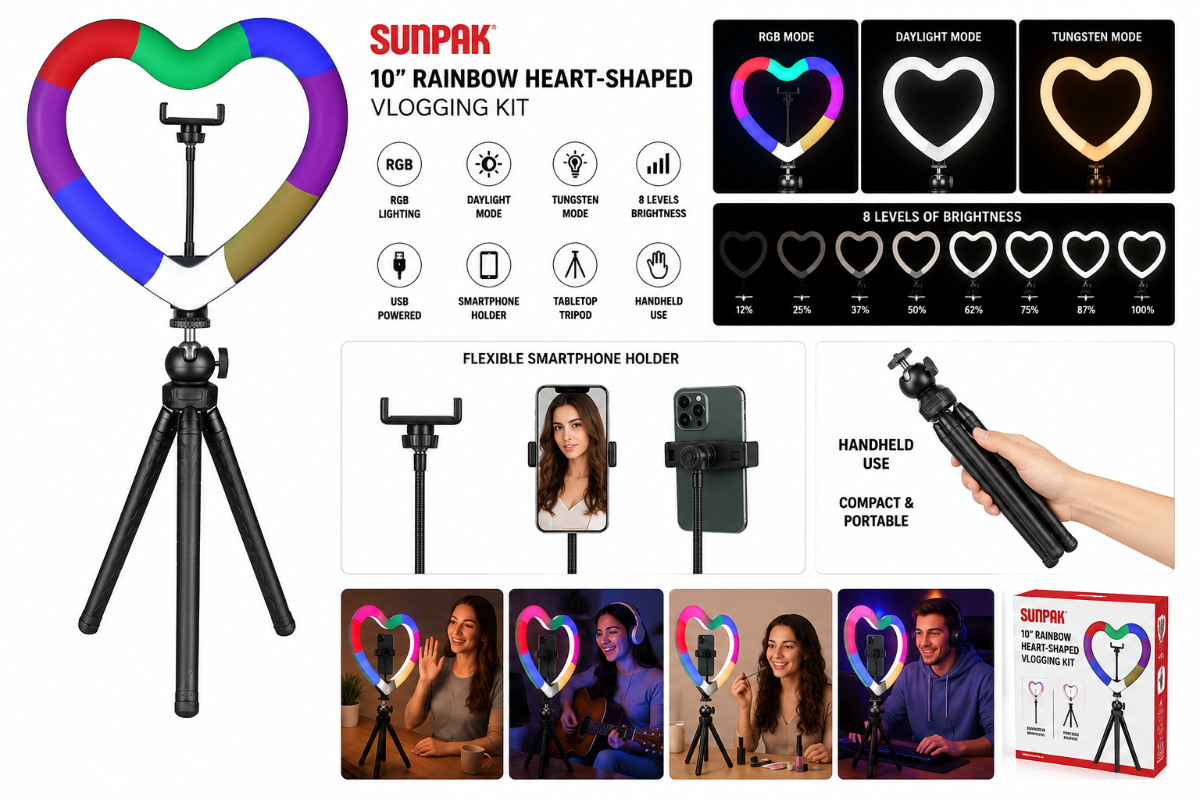Sunpak 10" Rainbow Heart-Shaped LED Vlogging Kit with Tripod & Smartphone Holder