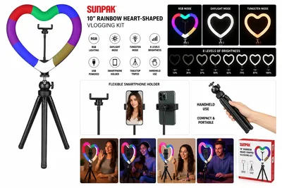 Sunpak 10" Rainbow Heart-Shaped LED Vlogging Kit with Tripod & Smartphone Holder