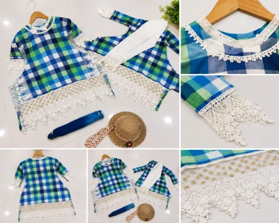 Girls Blue & Green Checkered Embroidered 3-Piece Ethnic Suit Set with Dupatta